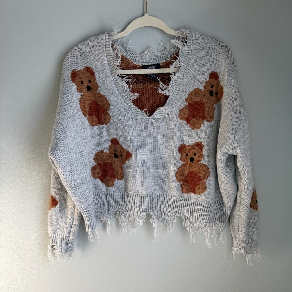 Just Polly Teddy Bear Distressed Knit Sweater Cropped Gray Size Large